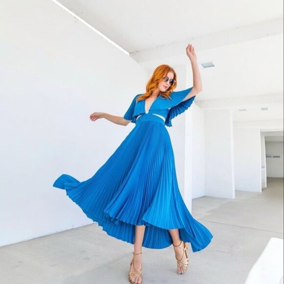AMUR Dara Pleated Ocean Blue Midi Dress with Cutouts – Size 6 - Picture 1 of 9